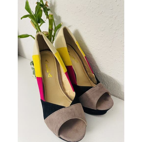 Pre-Owned Alba Color Black Yellow 5" High Heel Open Toe Wedges SZ 6 Disco - Picture 3 of 8